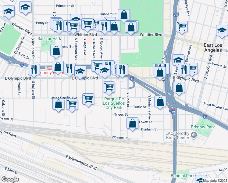 map of restaurants, bars, coffee shops, grocery stores, and more near 1269 South Downey Road in Los Angeles