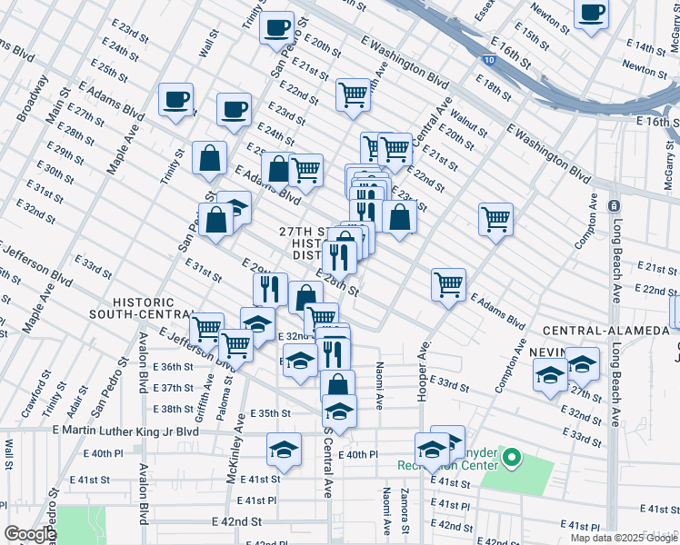map of restaurants, bars, coffee shops, grocery stores, and more near 2718 South Central Avenue in Los Angeles