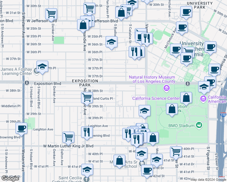 map of restaurants, bars, coffee shops, grocery stores, and more near 3809 1/2 South Budlong Avenue in Los Angeles