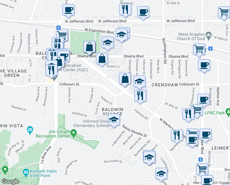 map of restaurants, bars, coffee shops, grocery stores, and more near 4601 Coliseum Street in Los Angeles