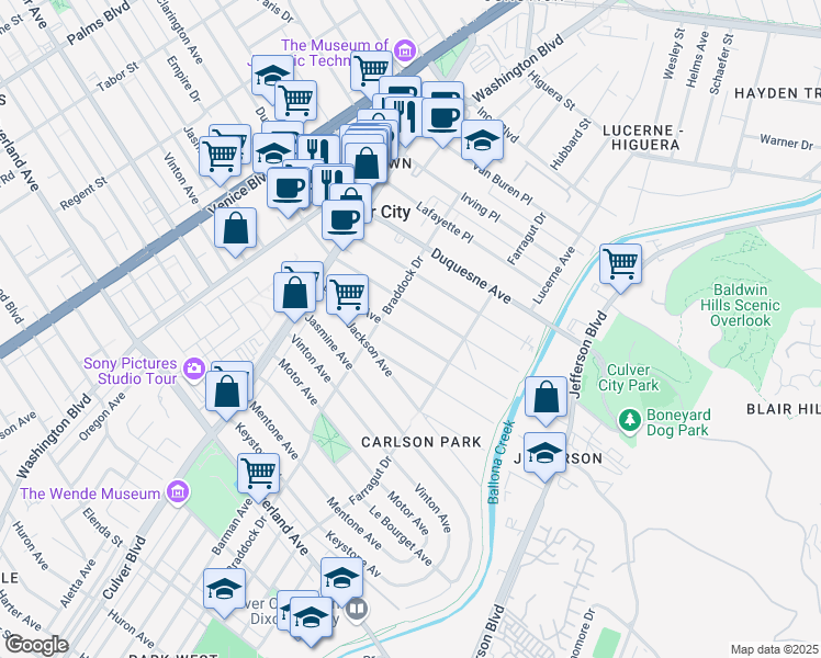 map of restaurants, bars, coffee shops, grocery stores, and more near 4135 La Salle Avenue in Culver City