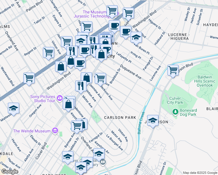 map of restaurants, bars, coffee shops, grocery stores, and more near 4082 Jackson Avenue in Culver City