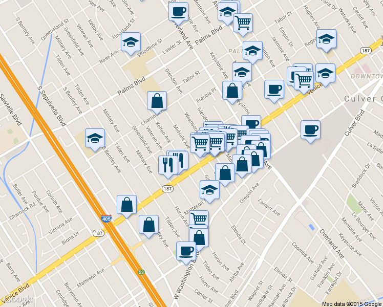 map of restaurants, bars, coffee shops, grocery stores, and more near in Los Angeles