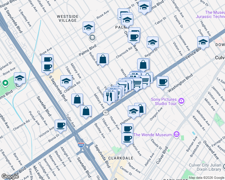 map of restaurants, bars, coffee shops, grocery stores, and more near 3735 Kelton Avenue in Los Angeles