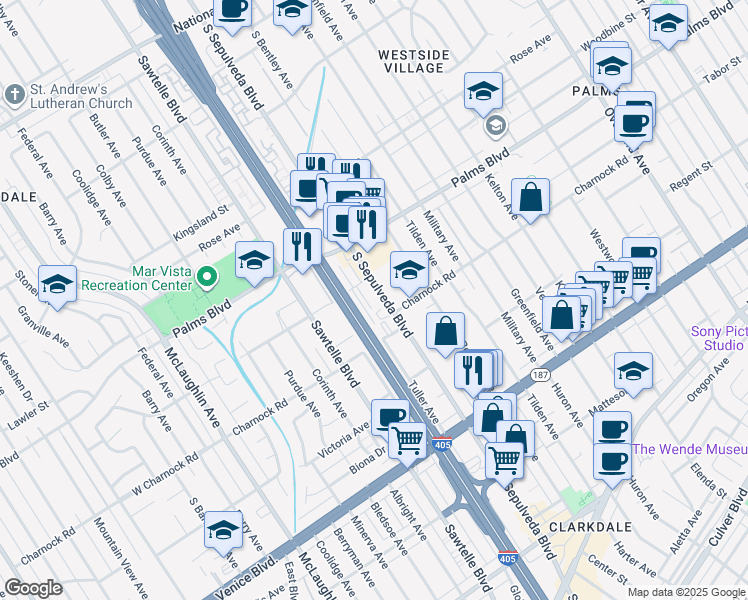 map of restaurants, bars, coffee shops, grocery stores, and more near in Los Angeles