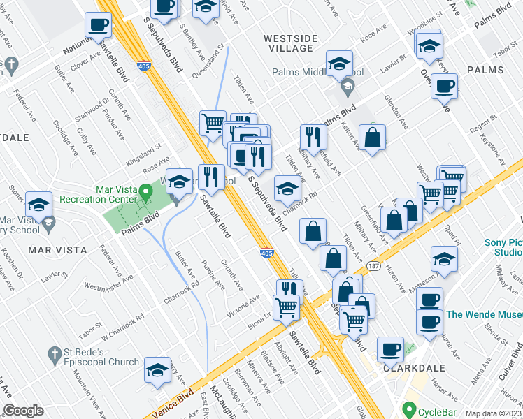 map of restaurants, bars, coffee shops, grocery stores, and more near 11178 Westminster Avenue in Los Angeles