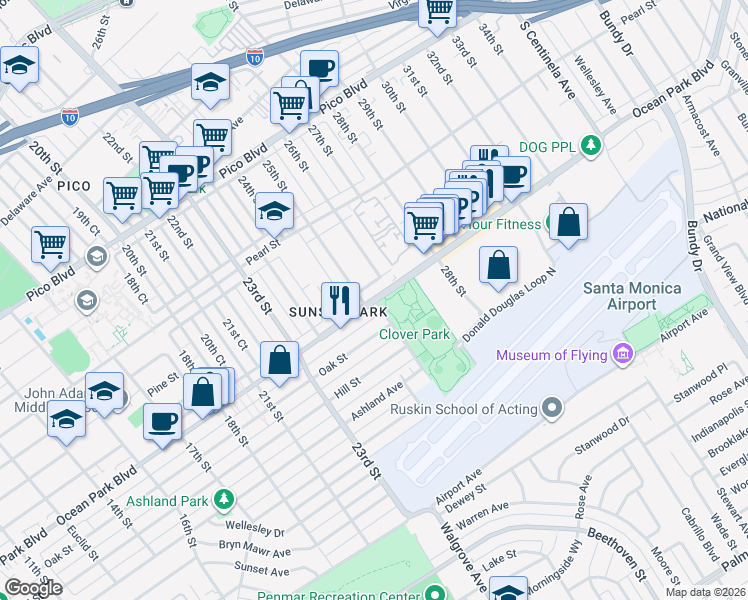 map of restaurants, bars, coffee shops, grocery stores, and more near 2473 Ocean Park Place South in Santa Monica