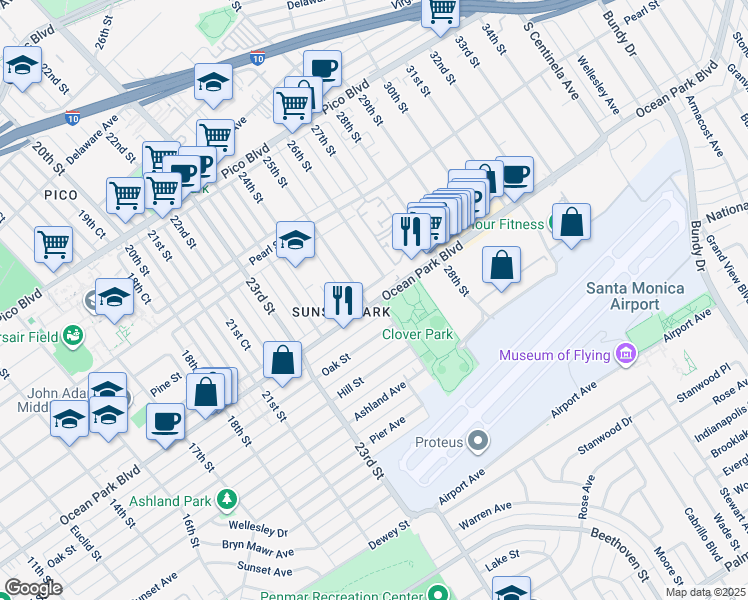 map of restaurants, bars, coffee shops, grocery stores, and more near 2473 Ocean Park Place South in Santa Monica