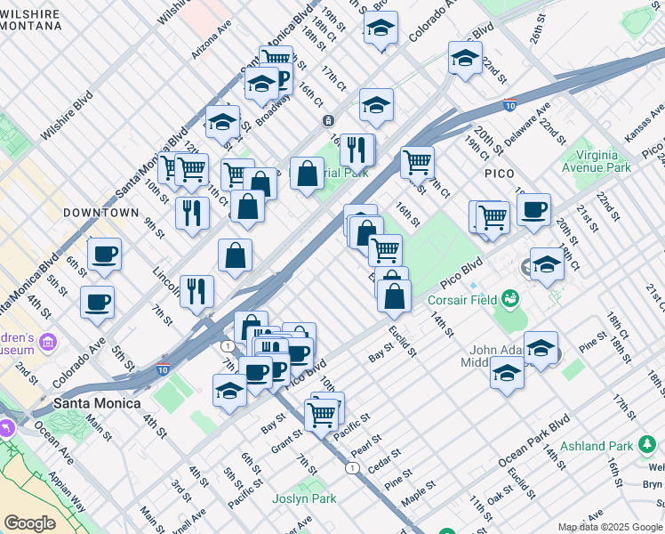 map of restaurants, bars, coffee shops, grocery stores, and more near 1210 Michigan Avenue in Santa Monica