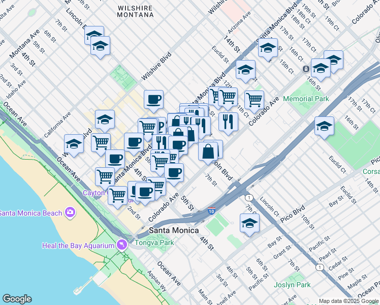 map of restaurants, bars, coffee shops, grocery stores, and more near 1537 7th Street in Santa Monica