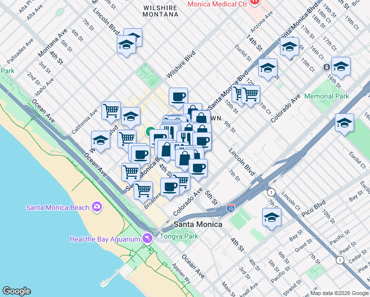 map of restaurants, bars, coffee shops, grocery stores, and more near 1434 6th Street in Santa Monica
