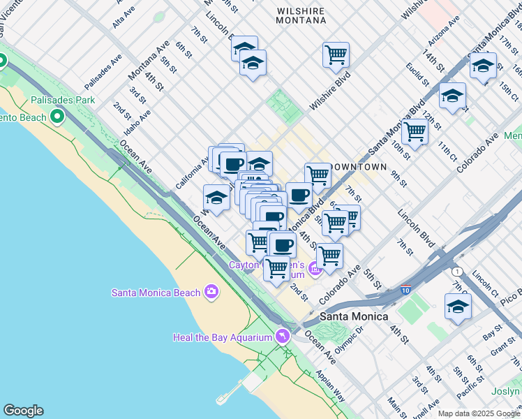 map of restaurants, bars, coffee shops, grocery stores, and more near 230 Arizona Avenue in Santa Monica