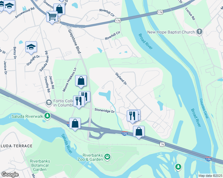 map of restaurants, bars, coffee shops, grocery stores, and more near 1 Charbonneau Drive in Columbia