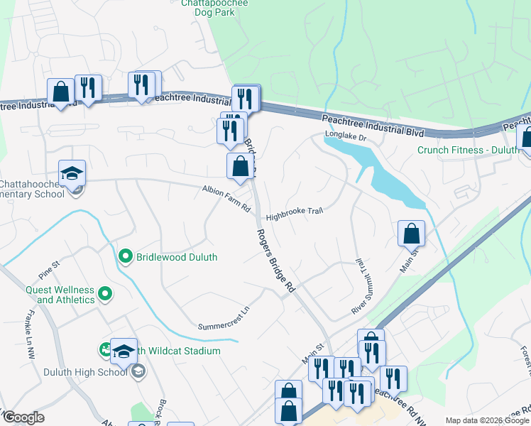 map of restaurants, bars, coffee shops, grocery stores, and more near 3860 Stonebriar Court in Duluth