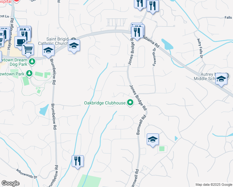 map of restaurants, bars, coffee shops, grocery stores, and more near 3555 River Trace Drive in Alpharetta