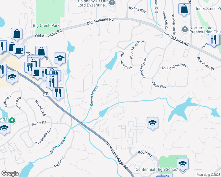 map of restaurants, bars, coffee shops, grocery stores, and more near 3507 Calibre Creek Parkway in Roswell