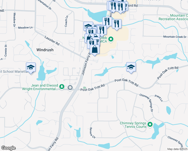 map of restaurants, bars, coffee shops, grocery stores, and more near 2750 Interlaken Drive in Marietta