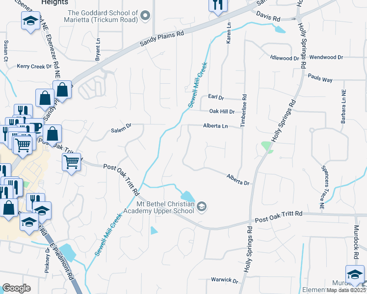 map of restaurants, bars, coffee shops, grocery stores, and more near 2920 Alberta Drive in Marietta