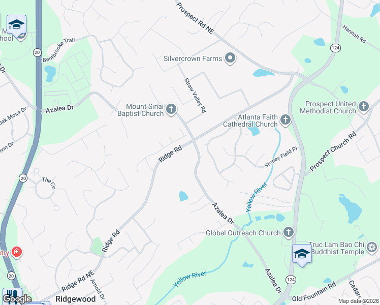 map of restaurants, bars, coffee shops, grocery stores, and more near 1185 Ridge Road in Lawrenceville