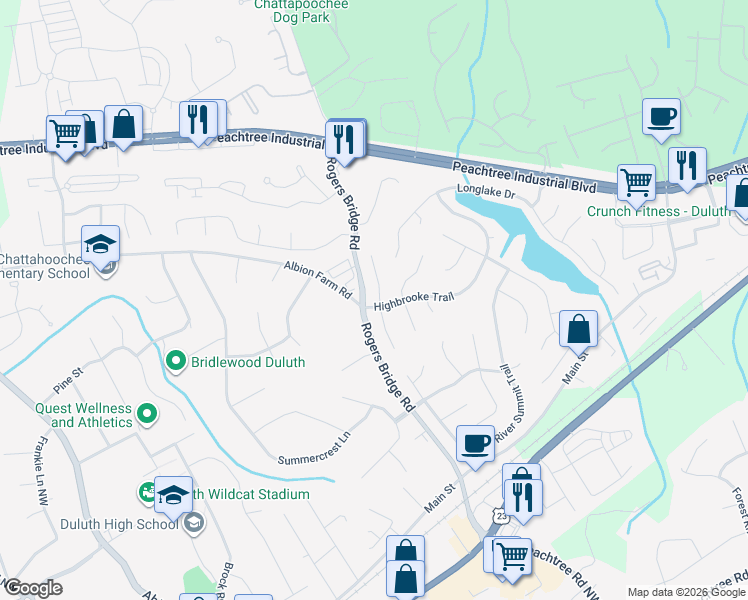 map of restaurants, bars, coffee shops, grocery stores, and more near 3860 Stonebriar Court in Duluth