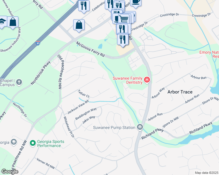 map of restaurants, bars, coffee shops, grocery stores, and more near 537 Telfair Court in Suwanee