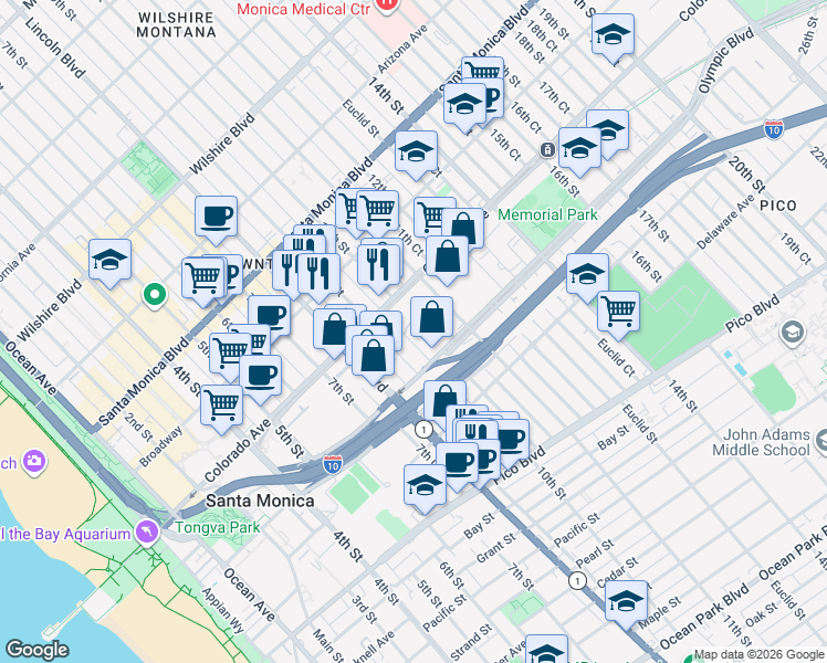 map of restaurants, bars, coffee shops, grocery stores, and more near 1648 10th Street in Santa Monica