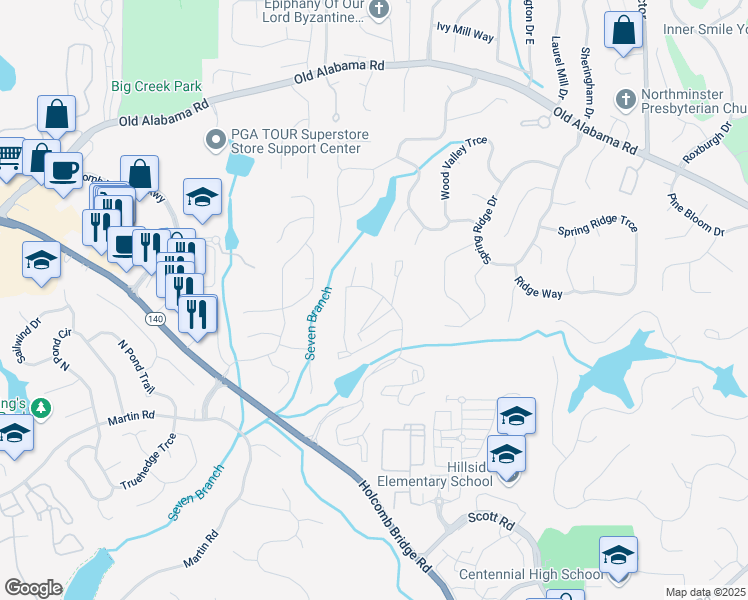 map of restaurants, bars, coffee shops, grocery stores, and more near 100 Calibre Creek Parkway in Roswell