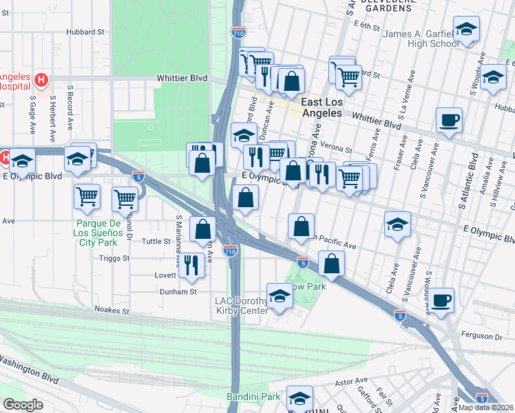 map of restaurants, bars, coffee shops, grocery stores, and more near 1257 South McBride Avenue in East Los Angeles
