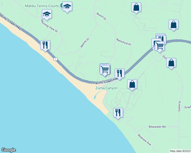 map of restaurants, bars, coffee shops, grocery stores, and more near 29637 Pacific Coast Highway in Malibu