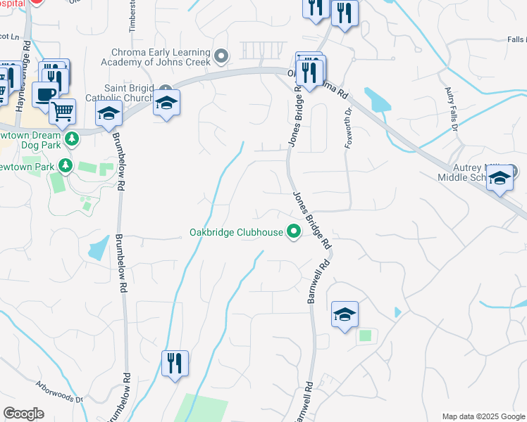 map of restaurants, bars, coffee shops, grocery stores, and more near 3555 River Trace Drive in Alpharetta