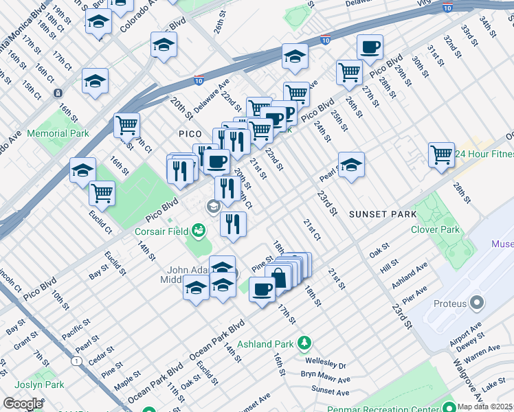 map of restaurants, bars, coffee shops, grocery stores, and more near 2248 20th Street in Santa Monica