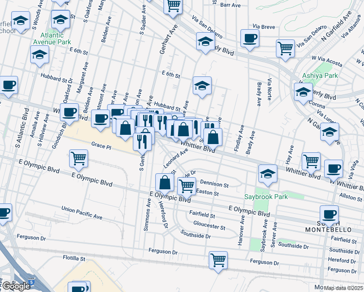 map of restaurants, bars, coffee shops, grocery stores, and more near 949 Leonard Place in East Los Angeles