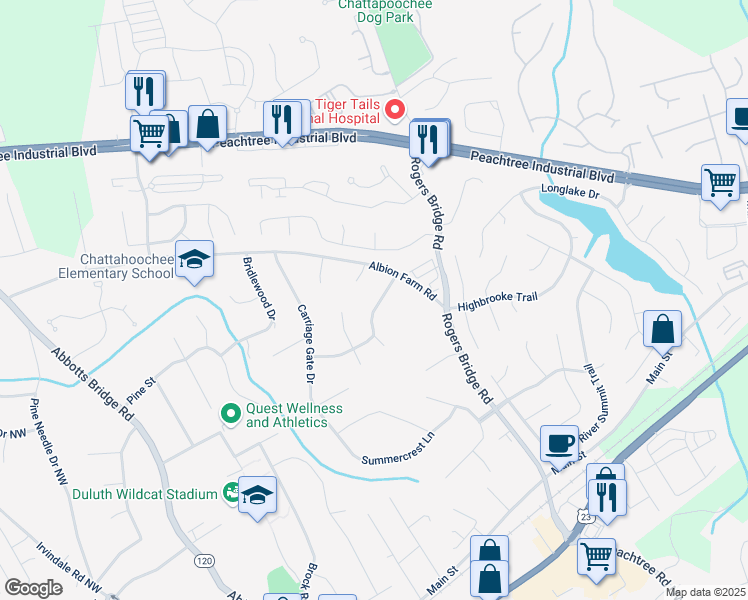 map of restaurants, bars, coffee shops, grocery stores, and more near 2731 Old Coach Road in Duluth