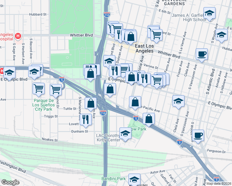 map of restaurants, bars, coffee shops, grocery stores, and more near 1257 South McBride Avenue in East Los Angeles