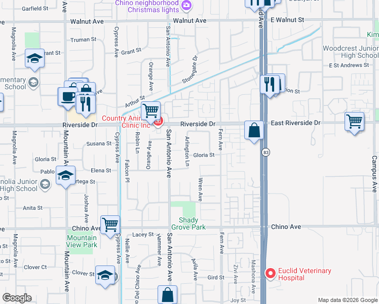 map of restaurants, bars, coffee shops, grocery stores, and more near 6805 Gloria Street in Chino