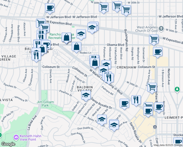 map of restaurants, bars, coffee shops, grocery stores, and more near 4500 West Martin Luther King Junior Boulevard in Los Angeles