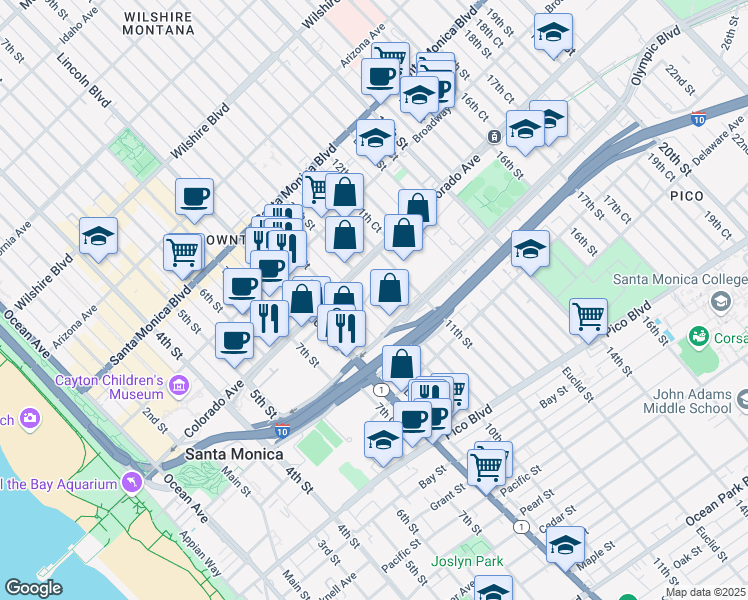map of restaurants, bars, coffee shops, grocery stores, and more near 1658 10th Street in Santa Monica