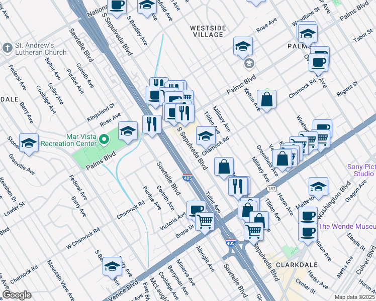 map of restaurants, bars, coffee shops, grocery stores, and more near 3565 South Sepulveda Boulevard in Los Angeles