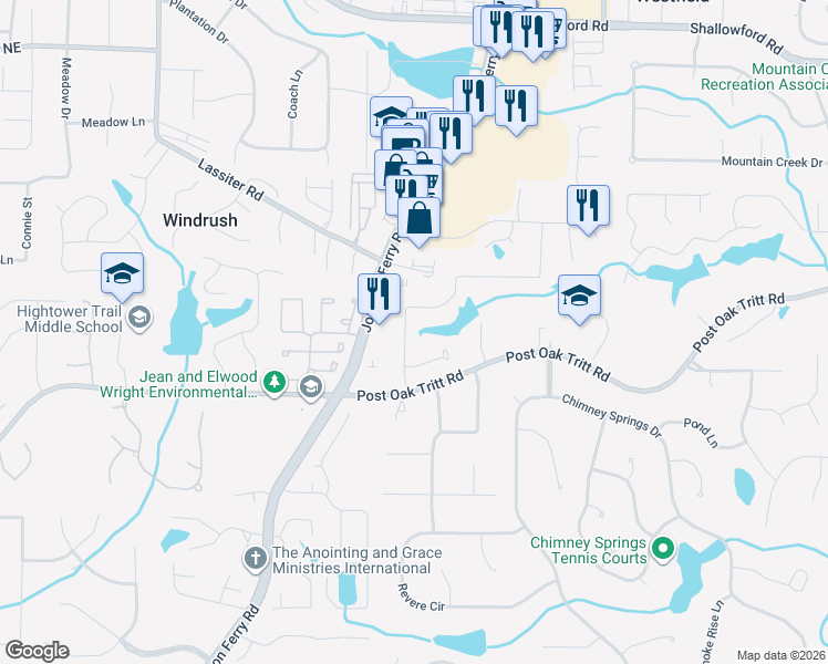 map of restaurants, bars, coffee shops, grocery stores, and more near 2750 Interlaken Drive in Marietta