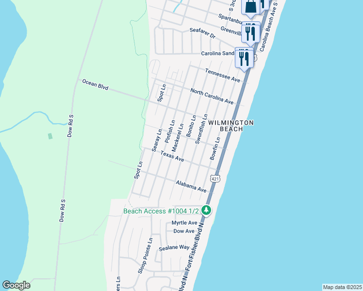 map of restaurants, bars, coffee shops, grocery stores, and more near 1510 Bonito Lane in Carolina Beach