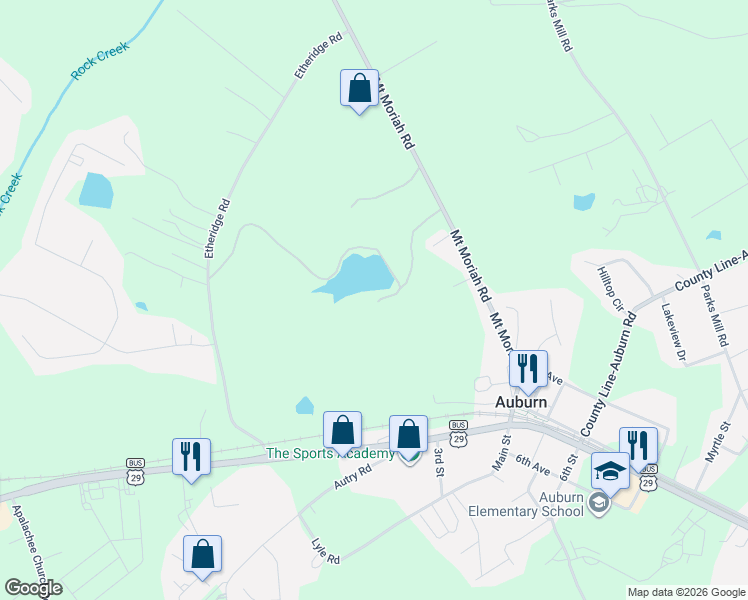map of restaurants, bars, coffee shops, grocery stores, and more near 120 Etheridge Road in Auburn