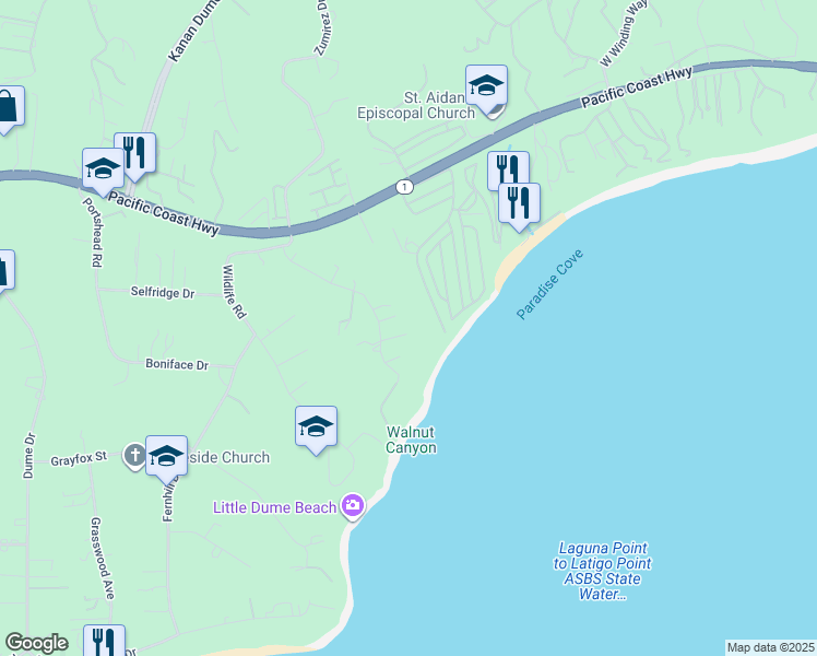 map of restaurants, bars, coffee shops, grocery stores, and more near 6734 Zumirez Drive in Malibu