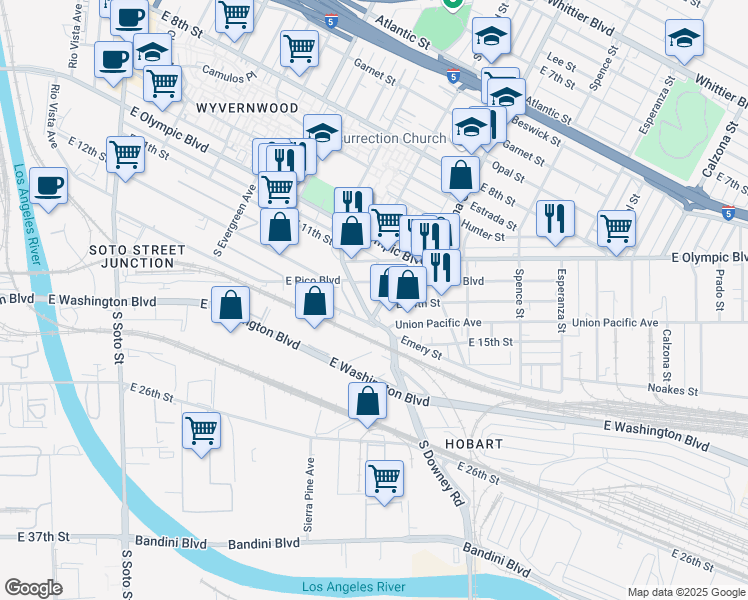 map of restaurants, bars, coffee shops, grocery stores, and more near 1469-1499 South Lorena Street in Los Angeles
