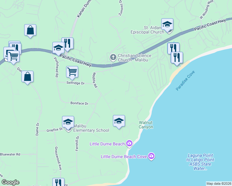 map of restaurants, bars, coffee shops, grocery stores, and more near 6742 Wildlife Road in Malibu