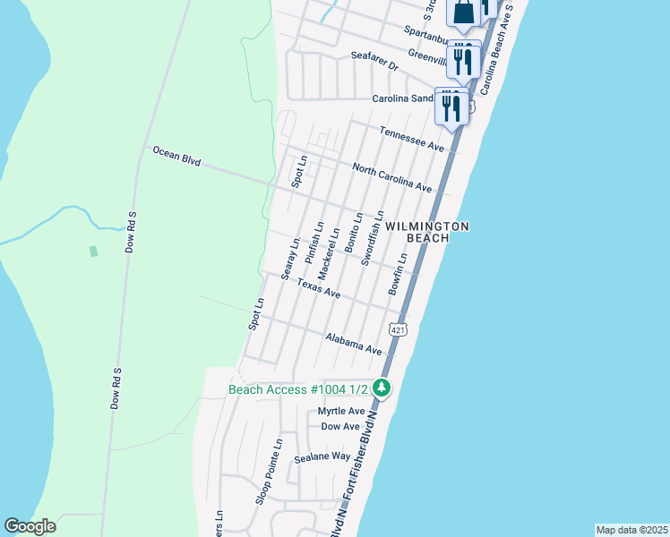 map of restaurants, bars, coffee shops, grocery stores, and more near 1510 Bonito Lane in Carolina Beach