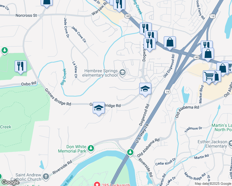 map of restaurants, bars, coffee shops, grocery stores, and more near 2015 Chelsey Way in Roswell