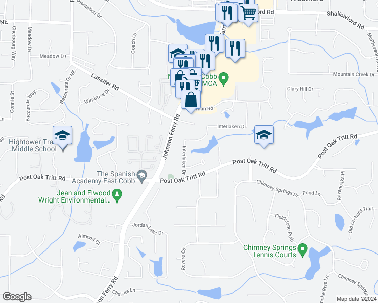 map of restaurants, bars, coffee shops, grocery stores, and more near 2750 Interlaken Drive in Marietta