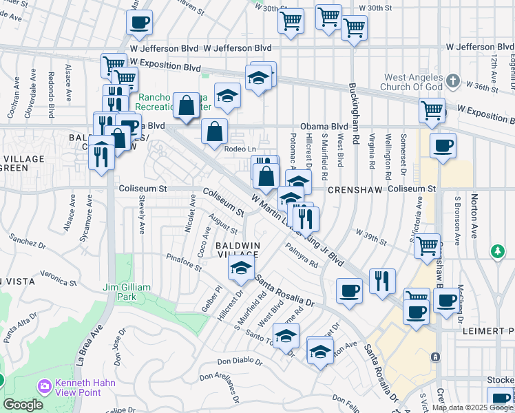 map of restaurants, bars, coffee shops, grocery stores, and more near 4500 West Martin Luther King Junior Boulevard in Los Angeles