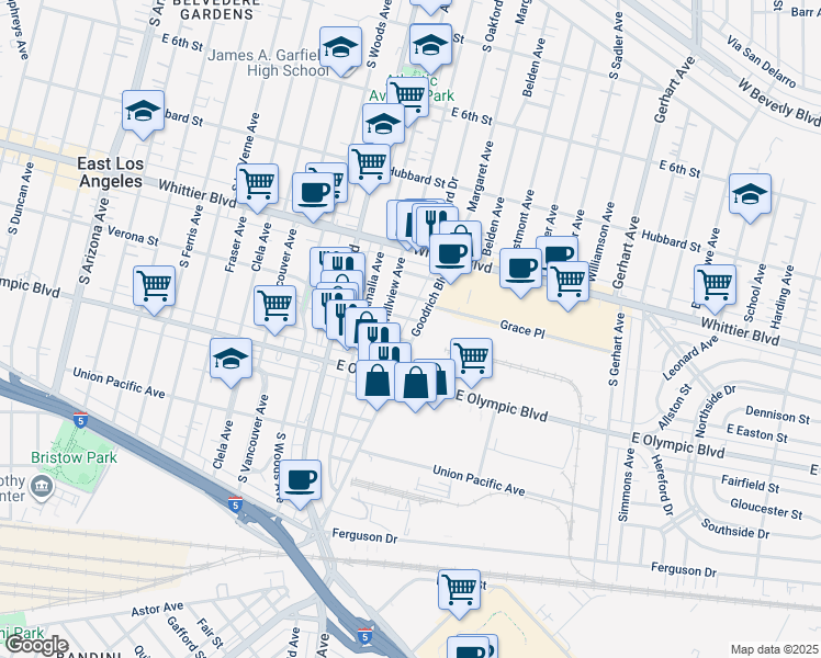 map of restaurants, bars, coffee shops, grocery stores, and more near 1121 Goodrich Boulevard in East Los Angeles