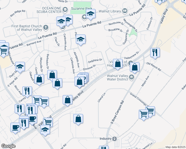 map of restaurants, bars, coffee shops, grocery stores, and more near 151 Redstone Drive in Walnut
